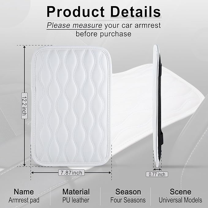 Amiss Auto Center Console Pad, Universal Waterproof Car Armrest Seat Box Cover, Car Interior Accessories, Leather Auto Armrest Cover Protector for Most Vehicle, SUV, Truck, Car (White)