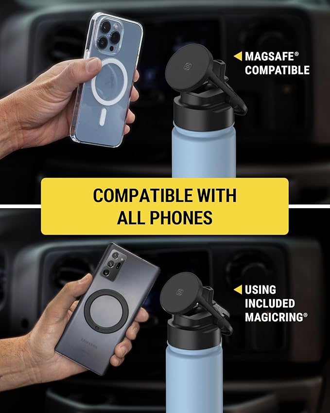 Scosche MFMS22 MagicMount Flask 22 oz Stainless Steel Water Bottle with MagSafe Phone Mount Stand, 12H Hot & 24H Cold Insulated Flask with Magnetic Phone Holder for Gym, Car, Travel, Sports 22oz, Blue