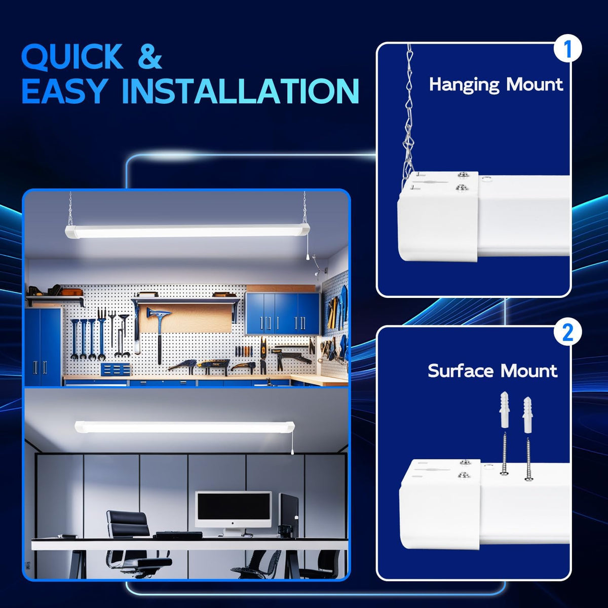 hykolity 4FT 120W LED Shop Light Linkable, 13000lm(400w Equivalent), 5000K Utility Shop Lights for Garages, Workshops, Basements, Hanging or FlushMount, with Power Cord and Pull Chain, ETL, 2 Pack