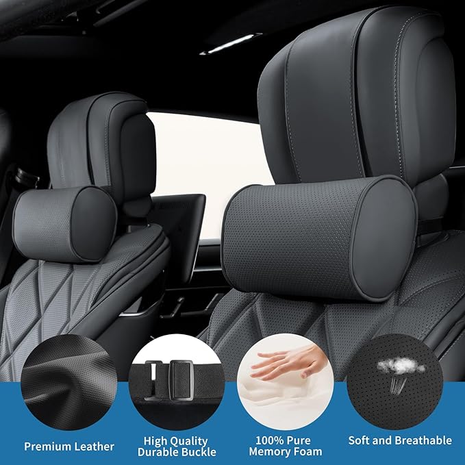 Car Headrest Pillow for Driving - Luxury Leather 100% Memory Foam, Ergonomic Neck Support - Universal Fit Head Rest Travel Pillow for Most Cars, Home & Office, Black, 1 Pack