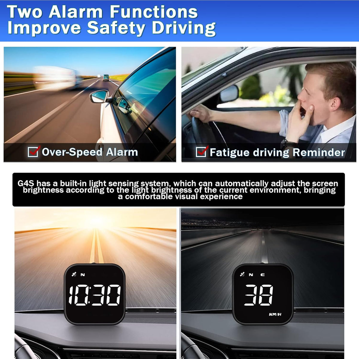 G4S Digital GPS Speedometer, Car HUD Heads Up Display with Digital Speed in MPH KPH, Overspeed Alarm, Driver Fatigue Reminder, Multifunction Speedometer Universal for All Vehicle, Fuel Cars