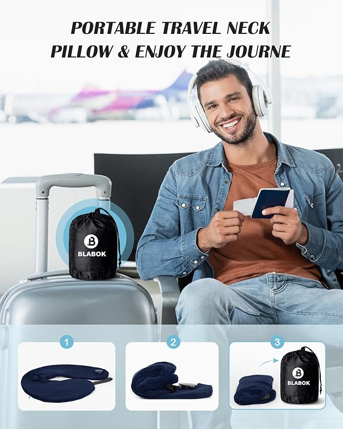 Patented Design Inflatable Travel Neck Pillow – Airplane Neck Pillow with 360° Head & Neck Support, Soft Washable Velvet Cover, Compact Neck Support Pillow for Airplane,Train,Car,Office & Home (Blue)