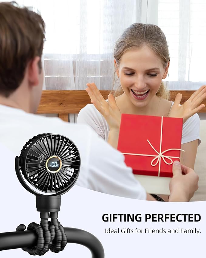 Portable Stroller Mini Fan, Small Rechargeable Personal Fan, Baby Travel Essentials for Wagon, Car Seat, Treadmill, Battery Powered Biking Gear Accessories, 360° Rotation, 3-Speed, Display, Black