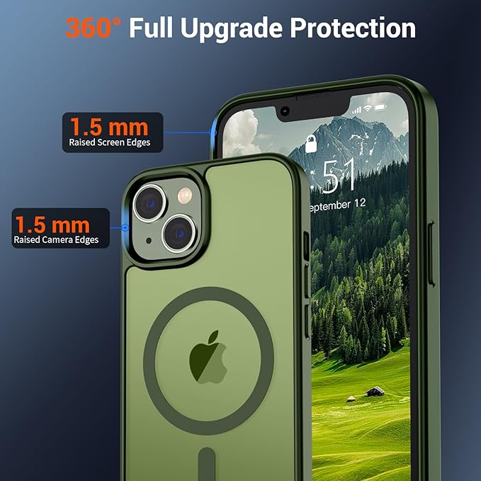 SUPFINE Magnetic for iPhone 15 Plus Case & iPhone 14 Plus Case(Compatible with MagSafe)(Military Grade Drop Protection) Slim Translucent Shockproof with Anti-Fingerprint Phone Case,Cangling Green