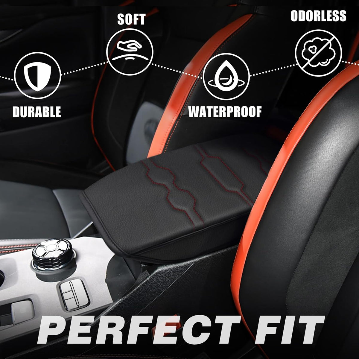 Muslogy Center Console Armrest Cover Compatible with Ford Ranger 2024 2025 Accessories Comfort Armrest Pad Cushion Box Lid Cover Vegan Leather Protector Regular Thick(Black/Orange Stitching)