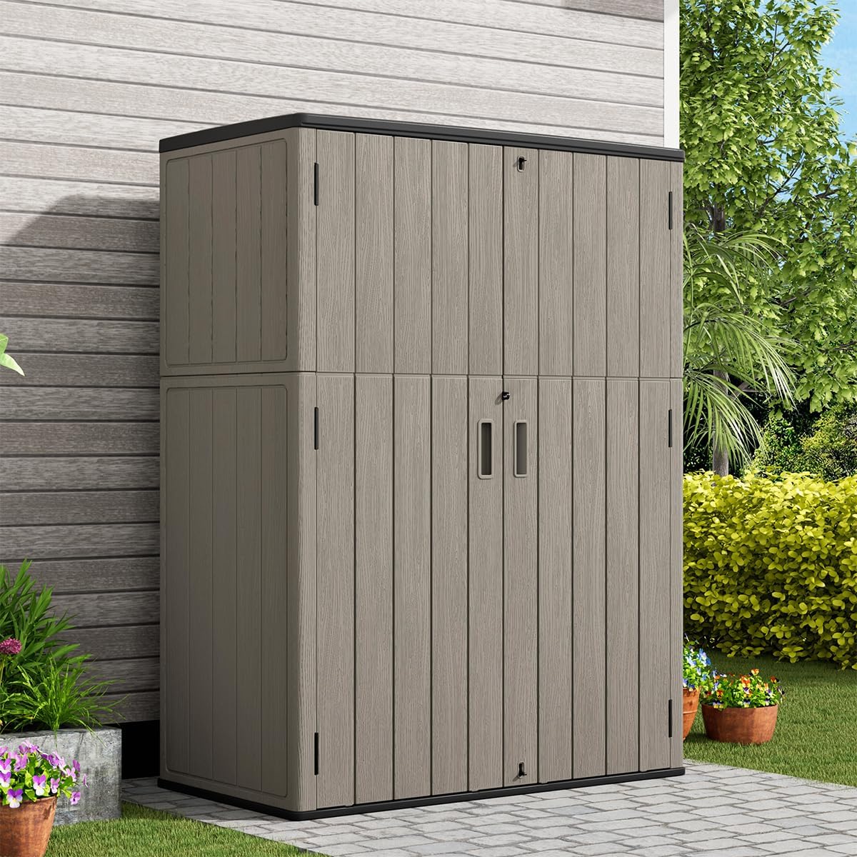 KINYING Outdoor Vertical Storage Shed,57 Cu.ft Outdoor Storage Cabinet Waterproof,Resin Sheds & Outdoor Storage Clearance for Garden,Patio,Backyard,Lockable (Brown)