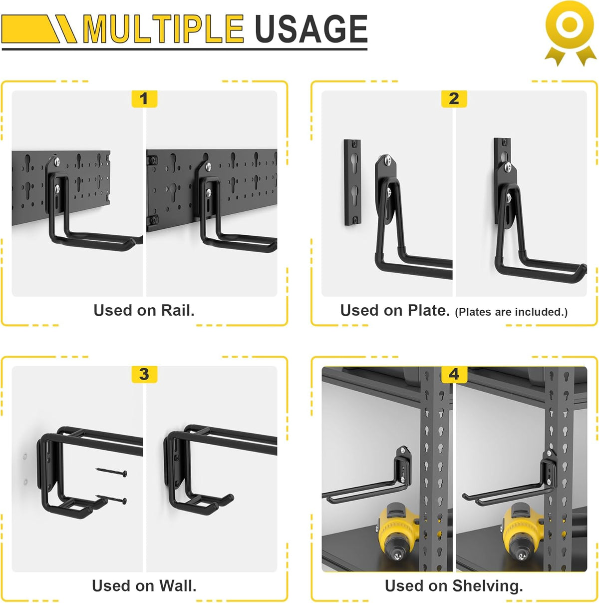Ultrawall Garage Storage Organization, Versatile Storage Hooks Garden Tool Organizer Wall Mount, 48 Inch Yard Tool Organizer Hangers for Shovels, Rakes, Ladders, 15pcs Black
