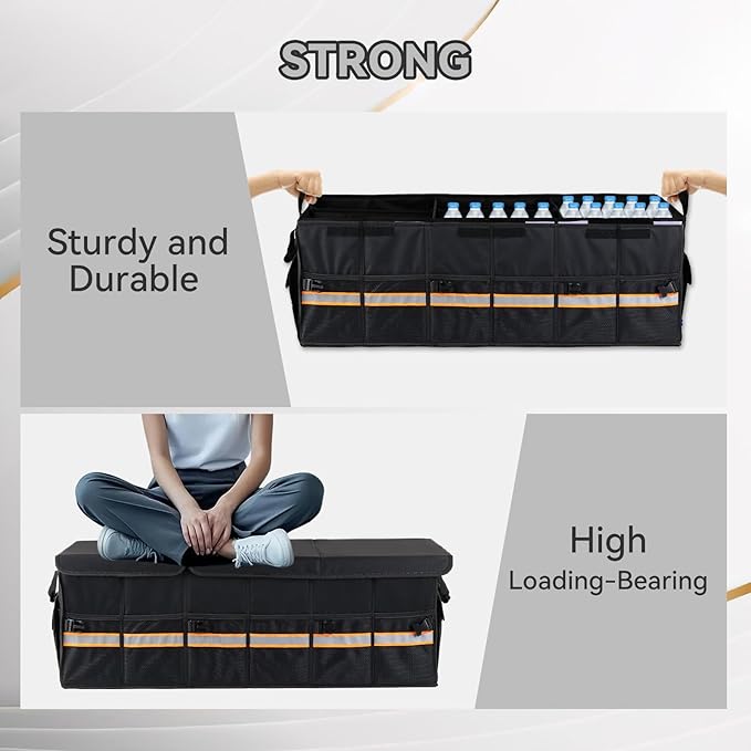 Car Trunk Organizer with Lid,Collapsible Car Storage Organizer with Multi Compartments and Securing Straps for SUV,Sedan,Jeep-Black