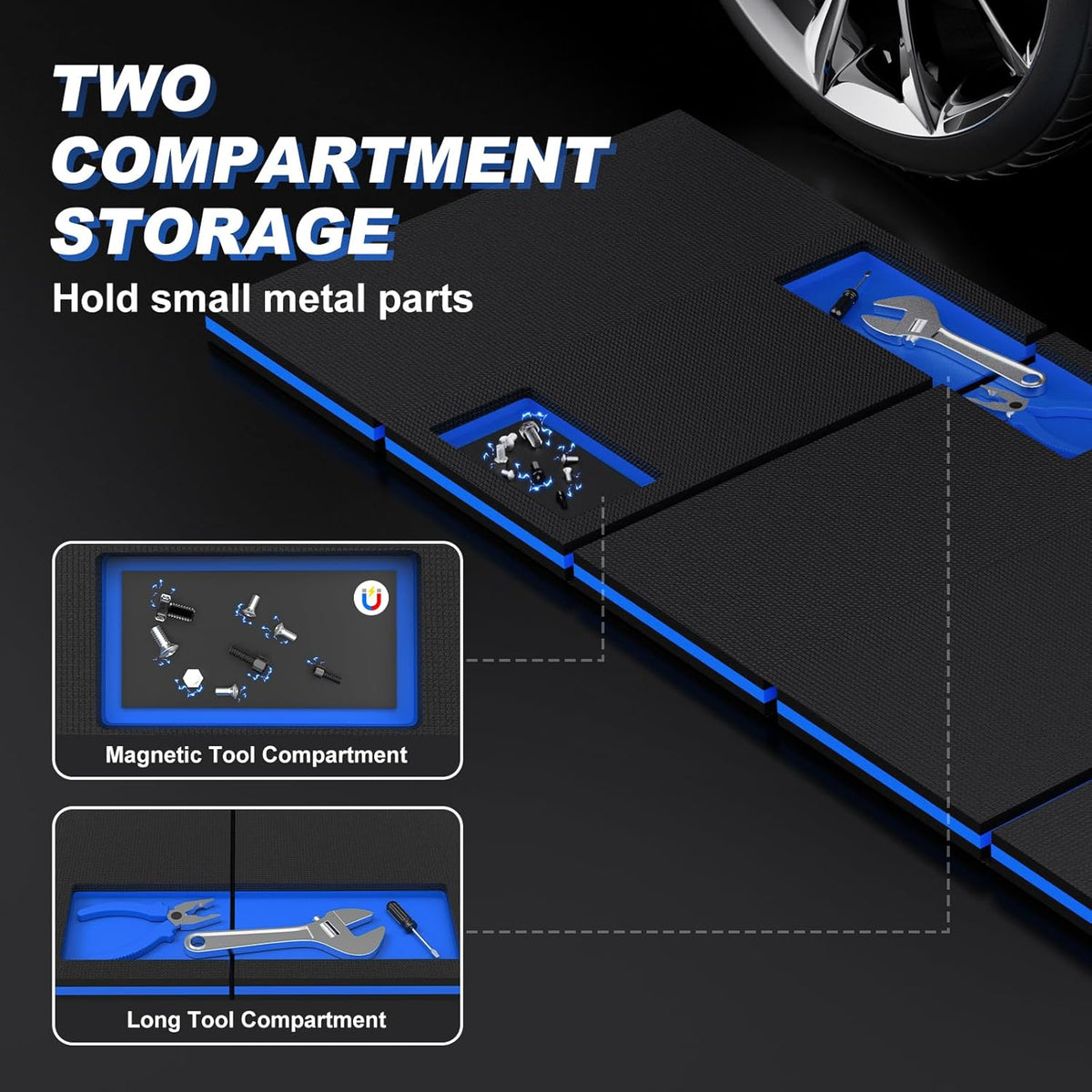 Thick Mechanic Mat, Foldable EVA Mat with Magnetic Tool Compartments, Waterproof Mechanic Kneeling Pad with Handle for Garage Workshop Repairing Gardening, 46.5" x 15.8" x 1.1 ", Black & Blue