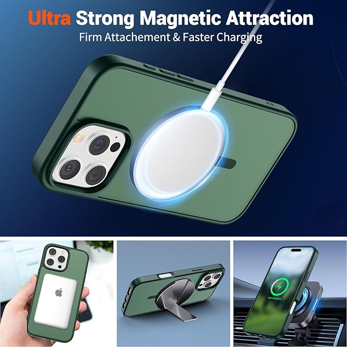 SUPFINE Magnetic for iPhone 16 Pro Max Case (Compatible with MagSafe) (Military Grade Drop Protection) Slim Translucent Matte Shockproof with Anti-Fingerprint Phone Case,Forest Green