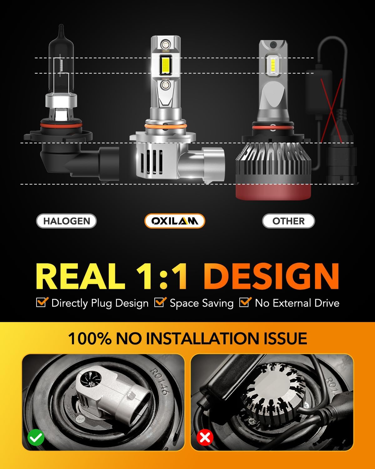 OXILAM 9006 LED Bulbs, 30,000LM 700% Super Bright 6000K Cool White, Plug and Play, IP68 Waterproof, Pack of 2