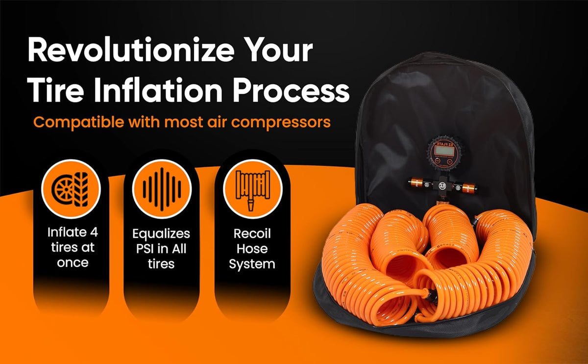EZ FLATE 4 Tire Hose System | Heavy Duty | Truck or Car Tires | UTV Side By Side Tires | Fast Inflation | 4 Tires at Once | Auto Equalize | Quick Connest Air Chucks (Recoil Hose System)