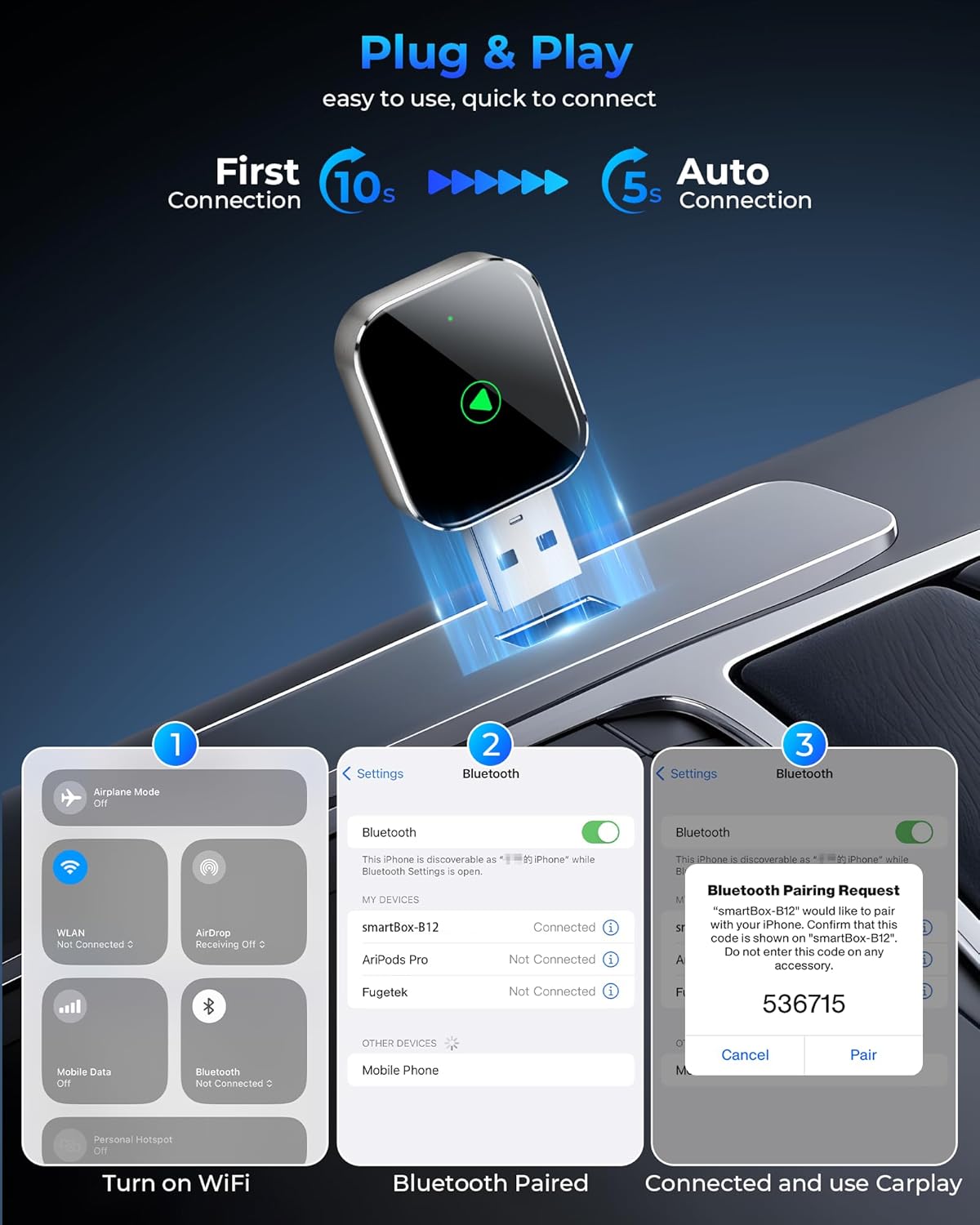 Mini CarPlay Wireless Adapter for Apple iPhone - Converts Wired to Wireless CarPlay Adapter, CarPlay Dongle Stick for Apple Wired CarPlay Cars & for iPhone iOS 10+, USB & Type-C, Plug & Play