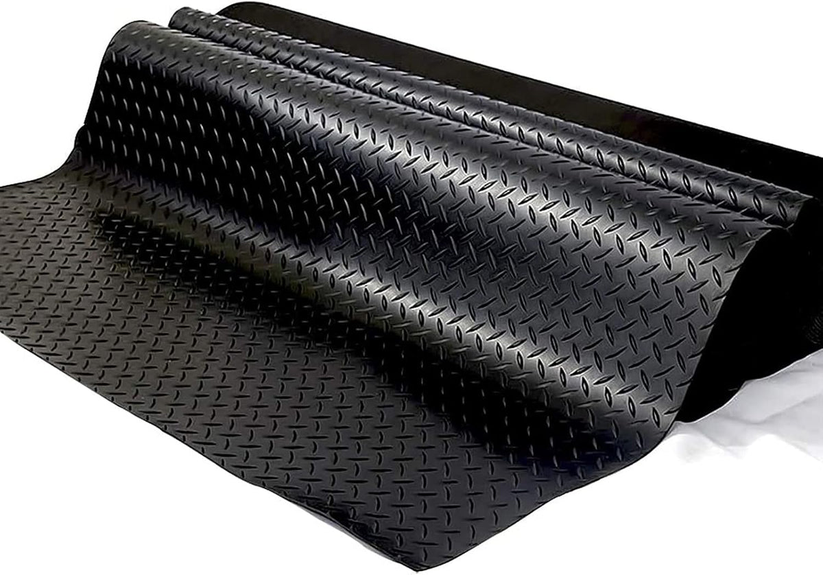 Boshen 5Ft x 17Ft Garage Floor Mat 2.5mm Thickened Rubber Flooring Roll 85sqft Diamond Plate PVC Rubber Trailer Mat Non-Slip Floor Protector Mat for Garage Warehouse Basement Trailer - Black