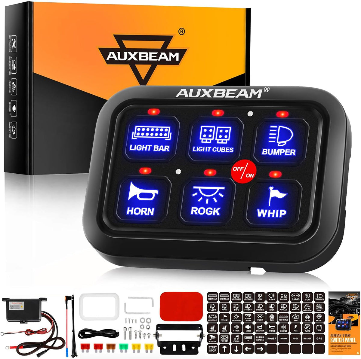 Auxbeam 6 Gang Switch Panel BC60, Universal Circuit Control Relay System Box with Automatic Dimmable On-Off LED Switch Pod Touch Switch Box for Car Pickup Truck UTV ATV Boat, 2 Years Warranty, Blue