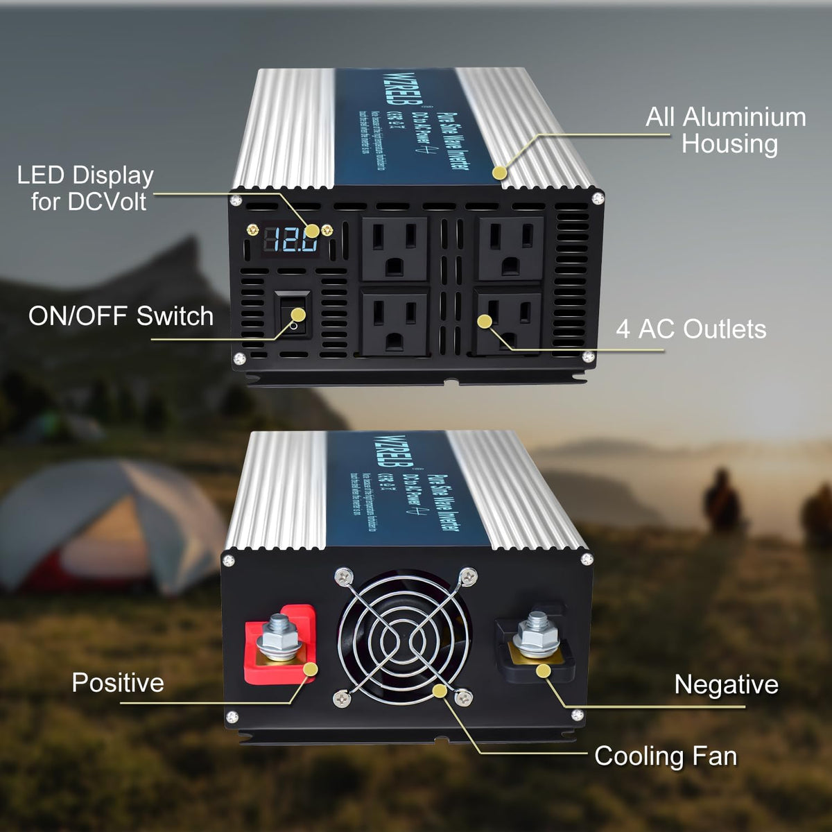 WZRELB 1800W Pure Sine Wave Inverter 12V DC to 110V 120V AC,Car Power Inverter with 4 AC Outlets, LED Display,Off-Grid Portable Power Converter for Home, RV, Truck, Camping