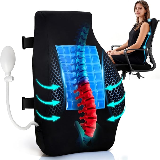 Adjustable Airbag Lumbar Support Pillow with Cooling Gel - Customizable Support for Upper Lower Back Pain Relief, Improves Posture, Memory Foam Back Cushion for Office Chair, Car/Truck Seat, Couch