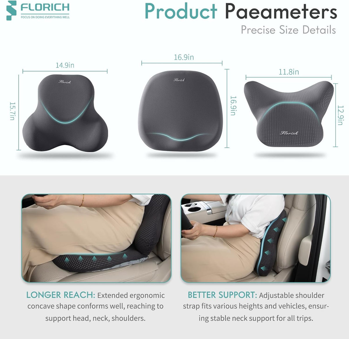 FLORICH Car Seat Cushion and Lumbar Support Pillow for Office Chair Car, Neck Headrest Pillow, Ergonomic Memory Foam, Pressure-Relieving Back Support for Car, Office Chair & Wheelchair – Gray