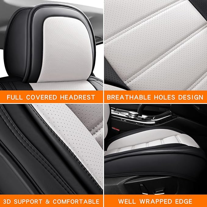 Car Seat Covers Full Set,Black White Car Seat Cover, Car Seat Protector Waterproof, Nappa Leather Car Seat Cushion, Fit for Most Cars