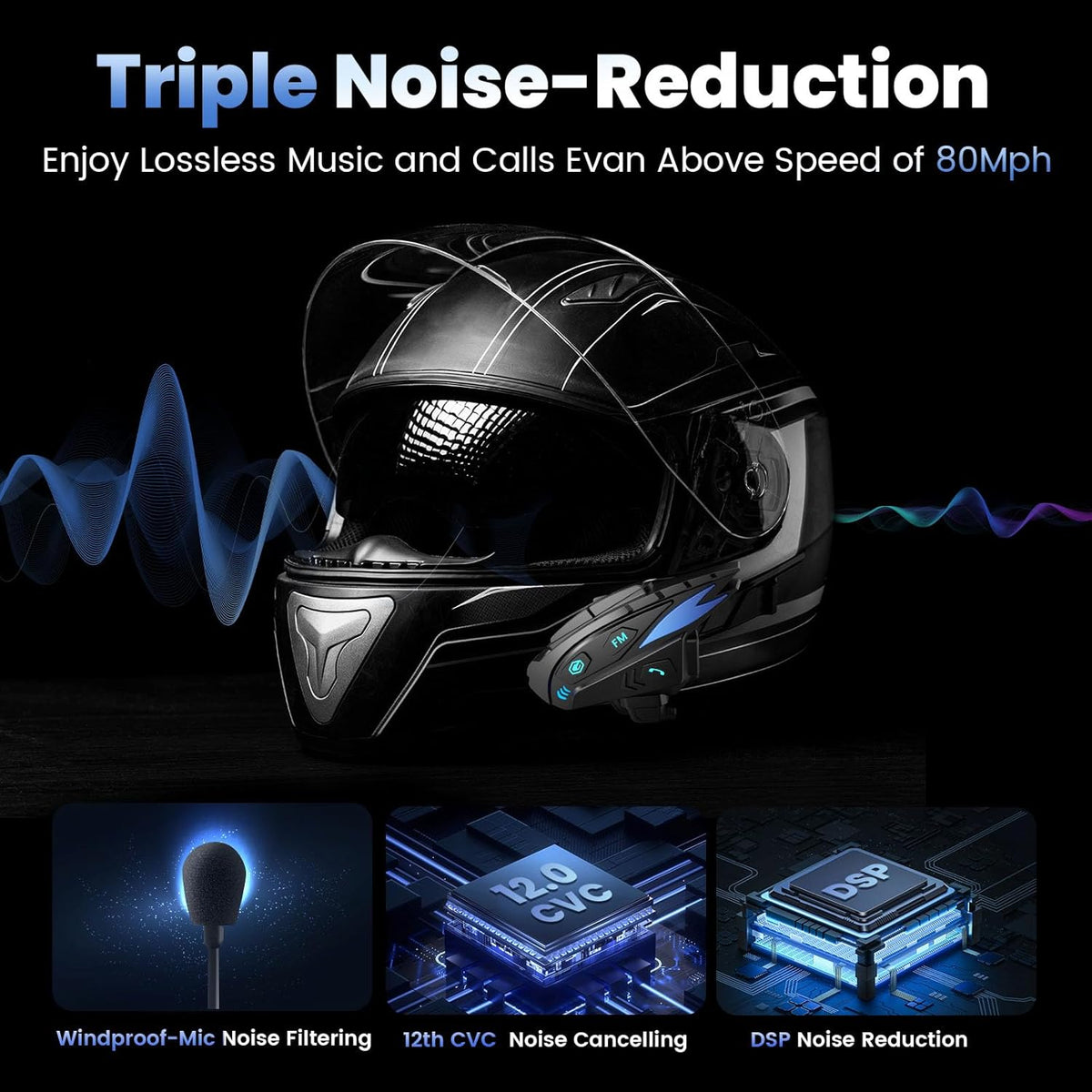gearelec Bluetooth Headset - Motorcycle Helmet Bluetooth with Upgrade Hi-Fi Speakers, Triple Noise-Reduction/IP65 Waterproof