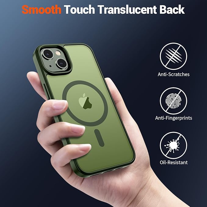 SUPFINE Magnetic for iPhone 15 Plus Case & iPhone 14 Plus Case(Compatible with MagSafe)(Military Grade Drop Protection) Slim Translucent Shockproof with Anti-Fingerprint Phone Case,Cangling Green