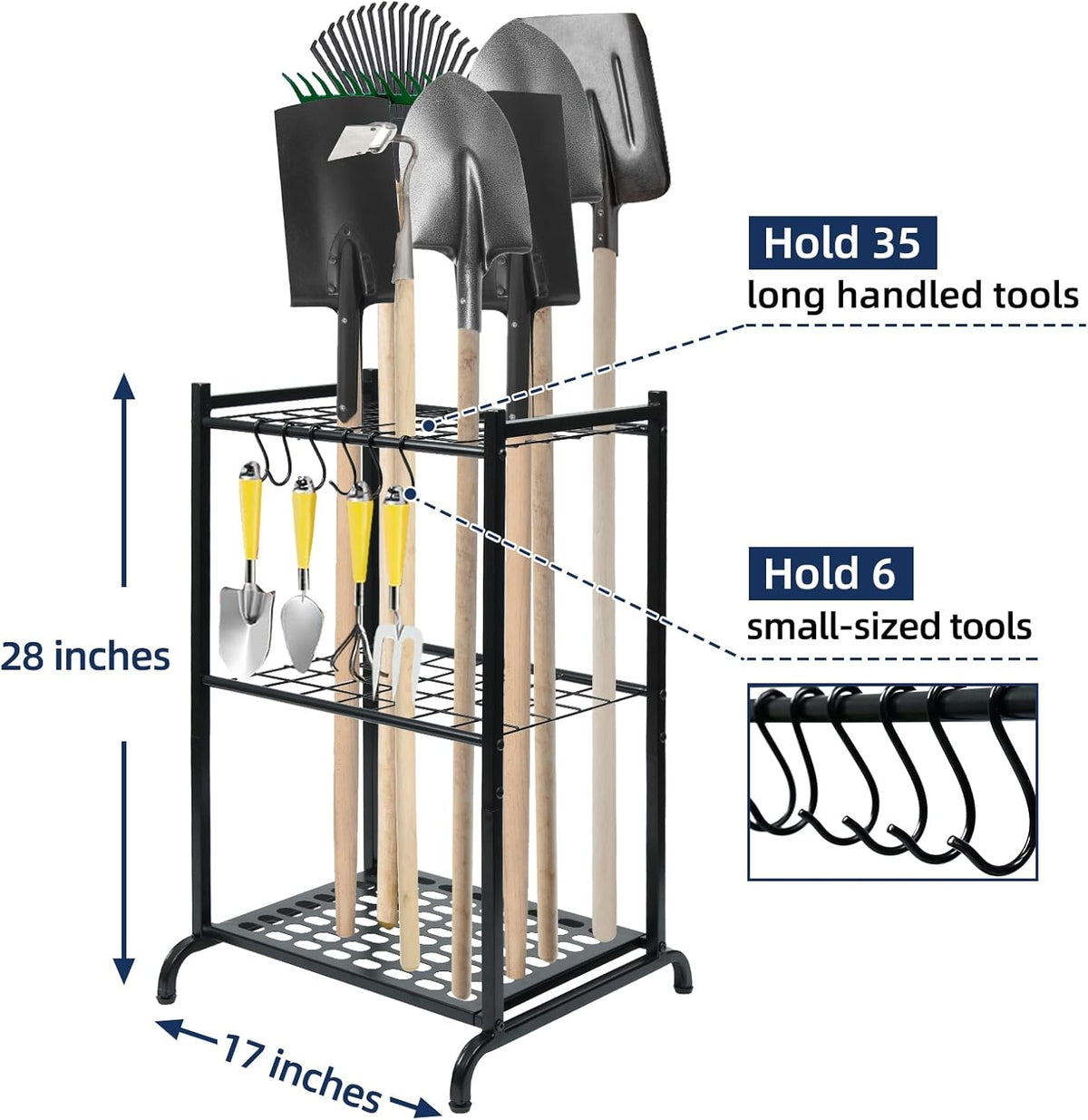 Garden Tool Organizer and Storage, Yard Tool Organizer for Garage Up to 41 Tools, 3-tire Yard Tool Holder Holding Long Handled Tools for Shed Garden Outdoor