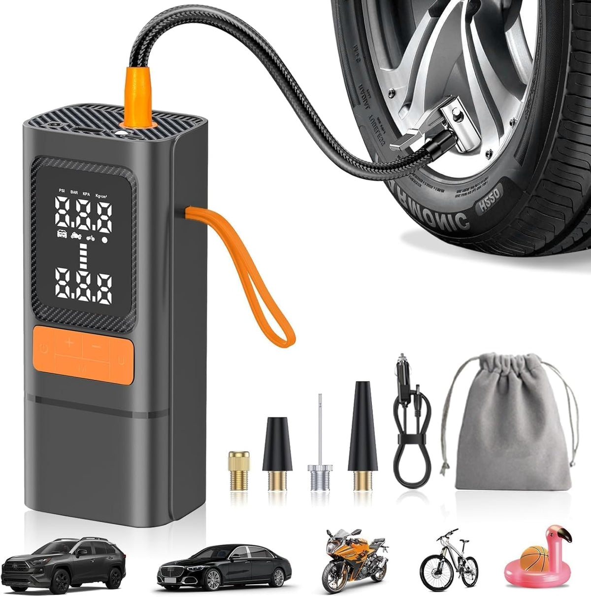 Tire Inflator, 150PSI Portable Air Compressor with Digital Gauge, Fast Cordless Inflation, Auto Shut-Off, Rechargeable Pump for Car, Motorcycle, Bike, and Sports Balls