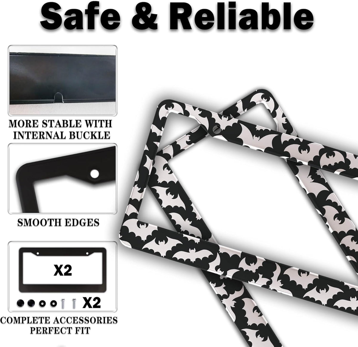 License Plate Cover for Women Black and White License Plate Frames for Men Dense Bats Aluminum Metal Car Accessory 2 Pack with Screw Covers Set