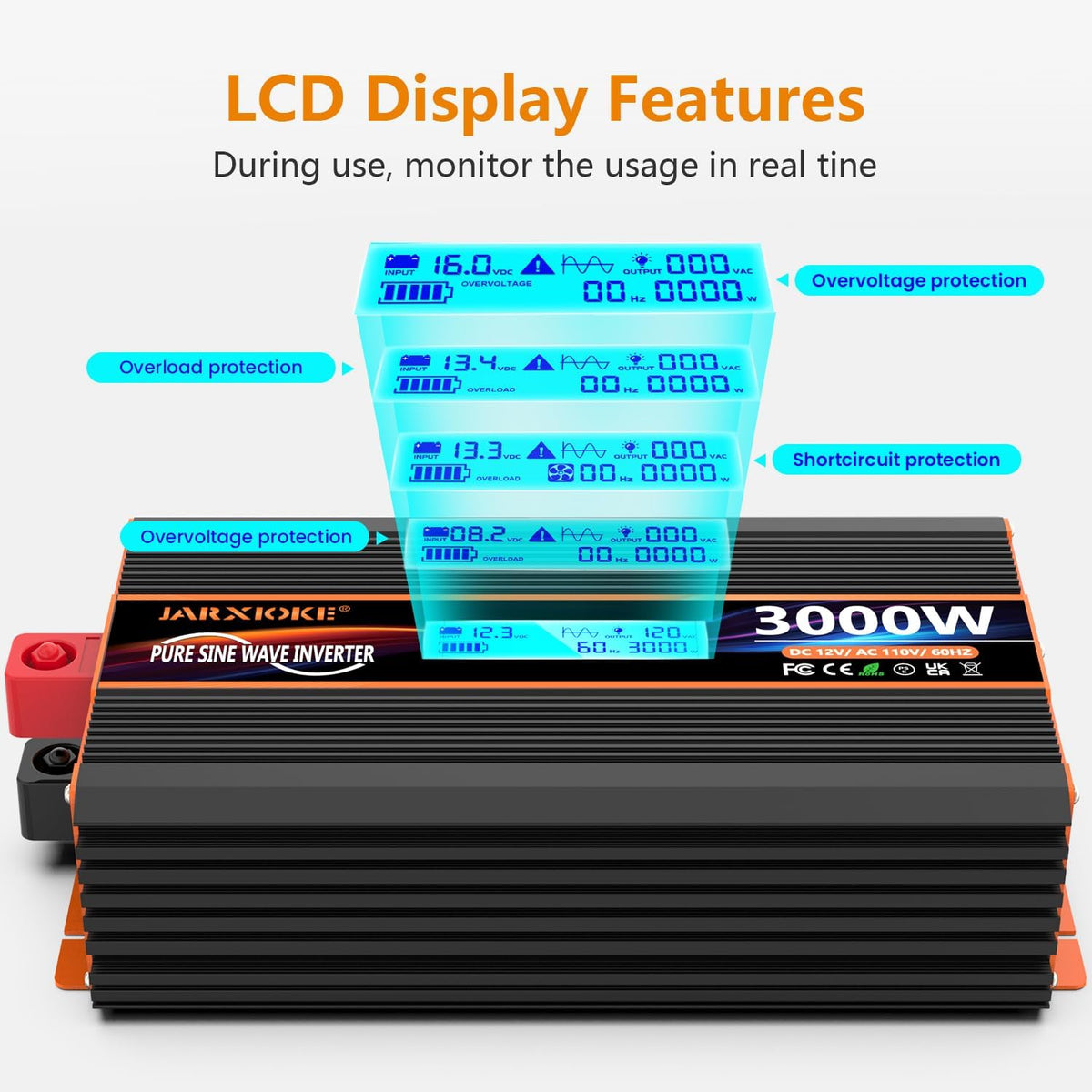 3000 Watt Pure Sine Wave Power Inverter 12V DC to 110V 120V Converter for Family RV Off Grid Solar System Car with Type-C Ports 4 AC Power Outlets Dual USB Ports LCD Display Wireless Remote Control