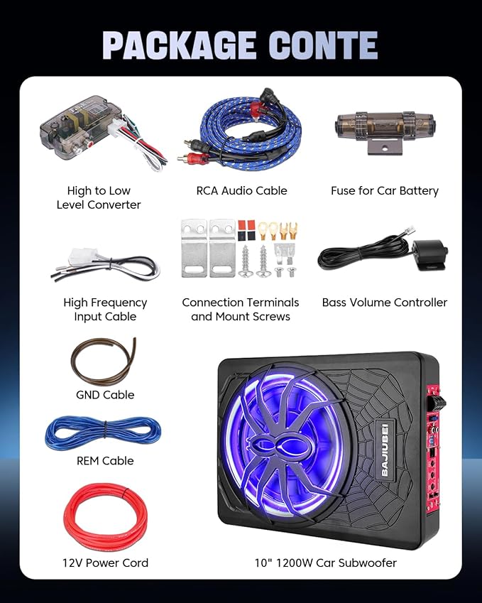 10" 1200W Slim Under Seat Powered Car Subwoofer Hideaway Subwoofer with Complete Mounting Wire Kit, Car Truck Audio Subwoofer Built in Amplifier Sub Amp Combo, with Blue LED Ambient Light