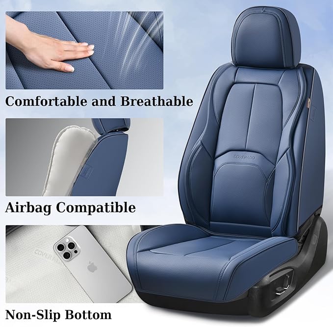 Coverado Seat Covers, Car Seat Covers Front Seats, Premium Nappa Leather Seat Covers for Cars, Waterproof Car Seat Protector with Lumbar Support, Front Seat Covers Universal Fit for Most Cars (Blue)