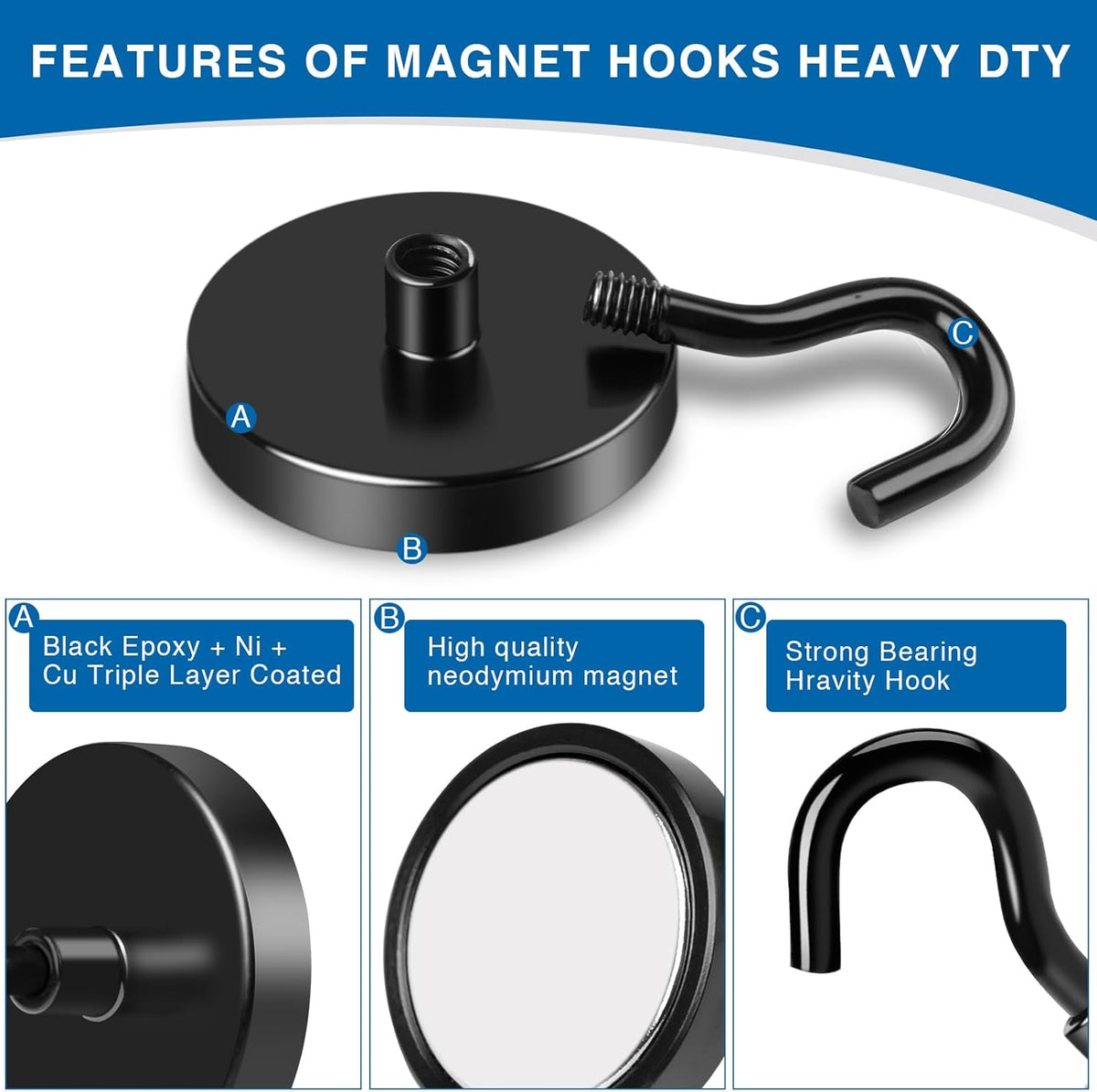 LOVIMAG Magnetic Hooks, 110LBS Strong Magnetic Hooks Heavy Duty for Refrigerator, Black Magnet with Hooks for Cruise Cabin, Large Magnetic Hooks for Hanging, Grill, Metal Door etc - 6 Pack
