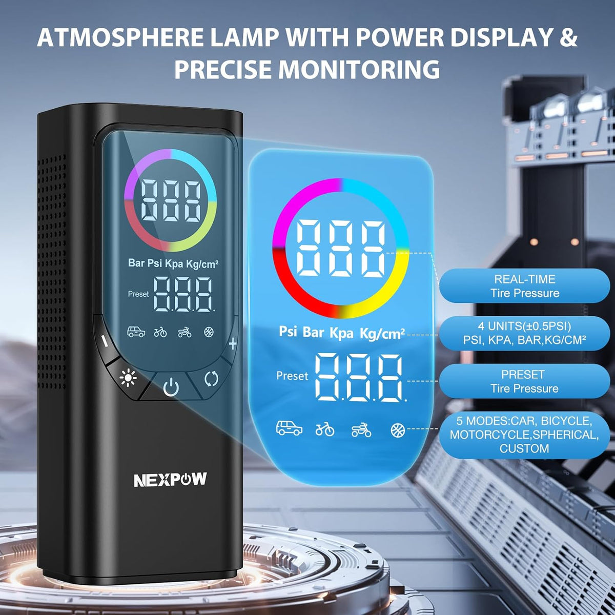 Tire Inflator Portable Air Compressor, NEXPOW 150PSI & 9000mAh Cordless Air Pump with Digital Tire Pressure Gauge, Accurate Dual LCD Display & LED Light, Tire Inflator for Car,Motorcycle,Bike,Balls