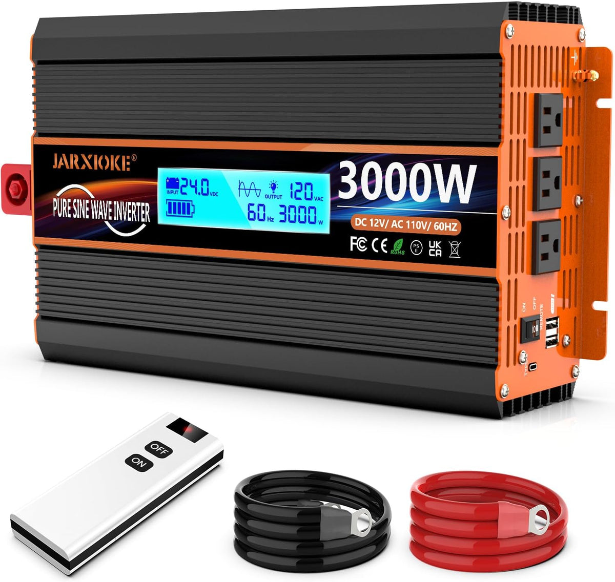 3000 Watt Pure Sine Wave Power Inverter 24V DC to 110V 120V Converter for Family RV Off Grid Solar System Car with Type-C Ports 4 AC Power Outlets Dual USB Ports LCD Display Wireless Remote Control