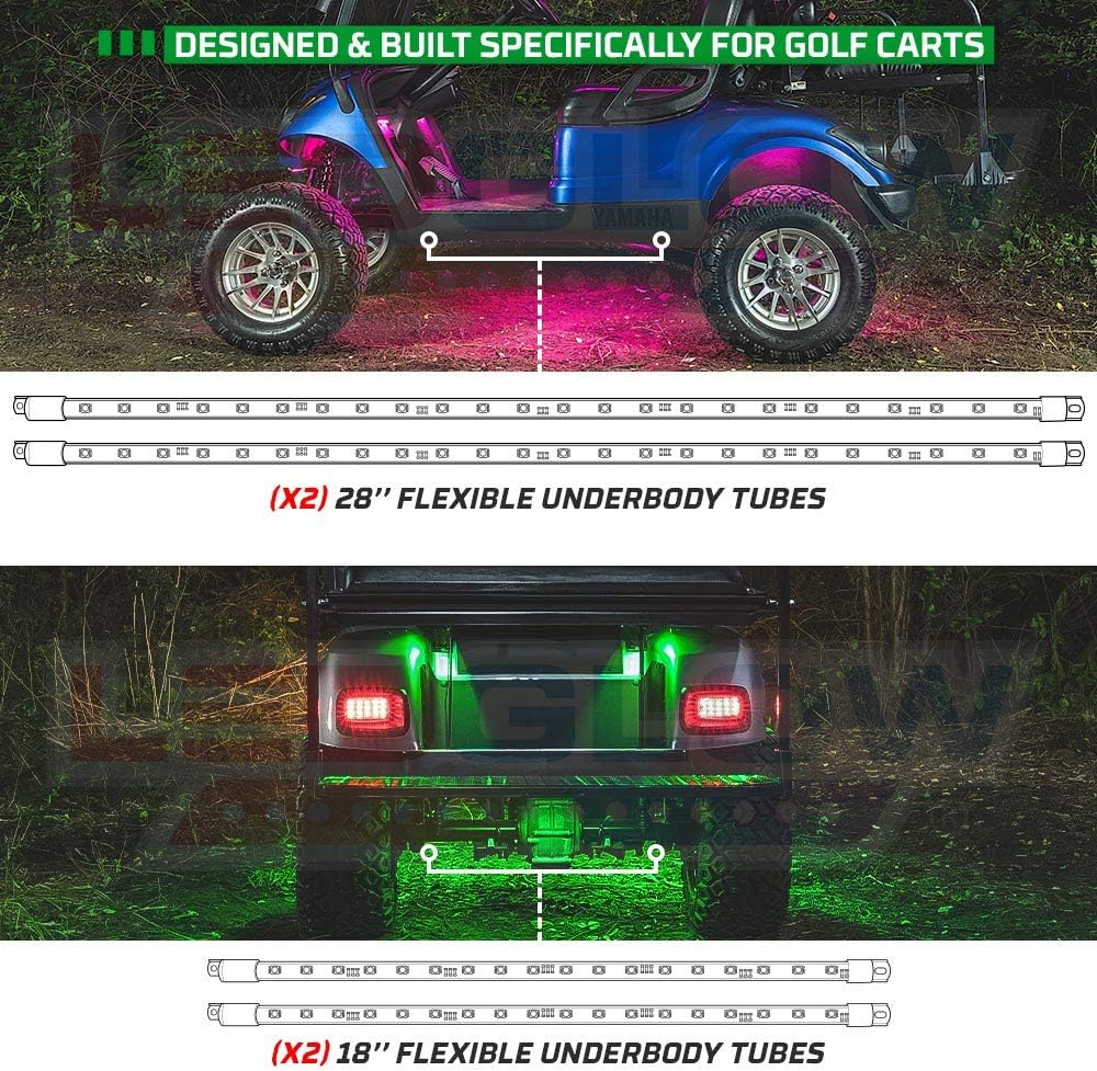 LEDGlow 12pc Million Color LED 4-Seater Golf Cart Underglow Neon Lighting Kit with Wheel Well & Interior Lights Fits EZGO, Yamaha, Club Car, ICON, Evolution, Tomblerin, Star EV - for 12-Volt Battery