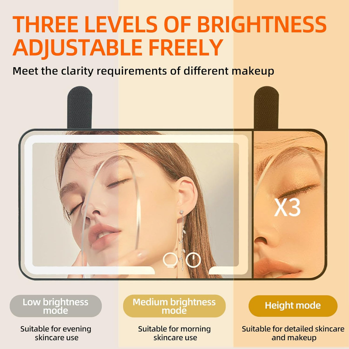 car mirror vanity Rechargeable Led, 3 Light Modes,Dimmable Touch Screen,Side with triple magnification mirror image (1)