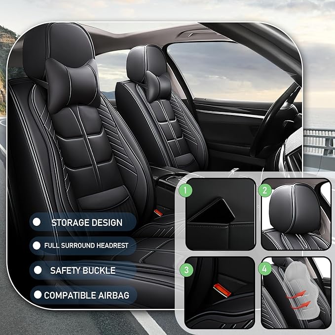 Leather Car Seat Covers Fit for Toyota Mirai 2016-2024, 5 Seater Car Seat Cover, Premium Waterproof, Scratch Resistant Car Interior Accessories (Full Set with Pillow Black)