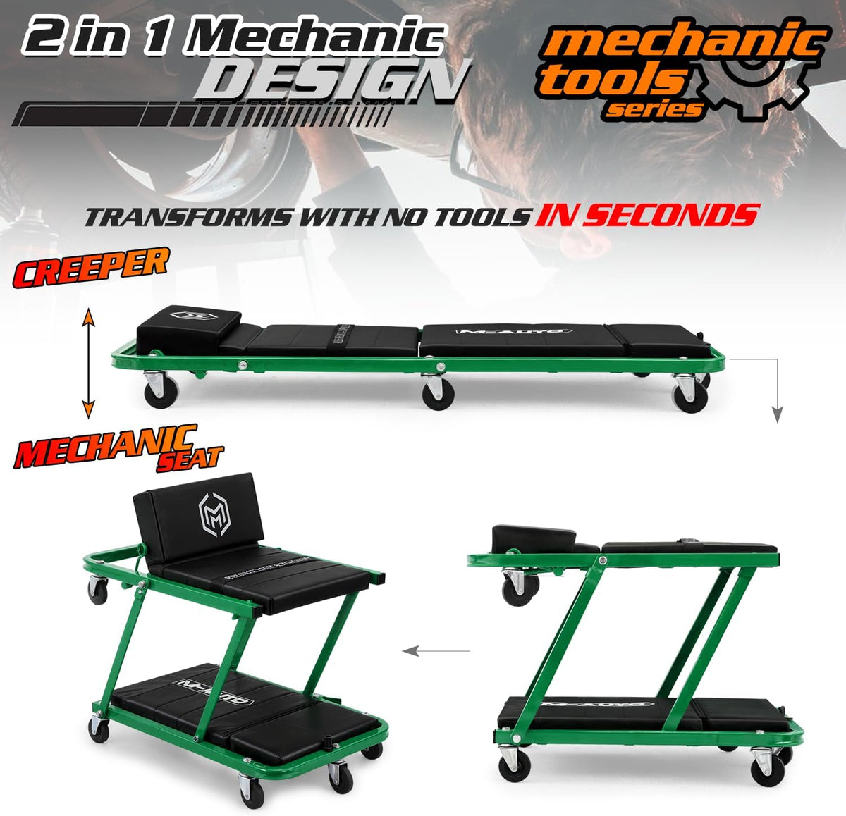 M-AUTO Heavy-Duty Convertible Mechanic Creeper, Z-Creeper 2-in-1 Creeper and Seat 48" Padded Adjustable Headrest Roller Garage Chair with 7 Swivel Casters for Washing, Detailing, Maintenance, Green