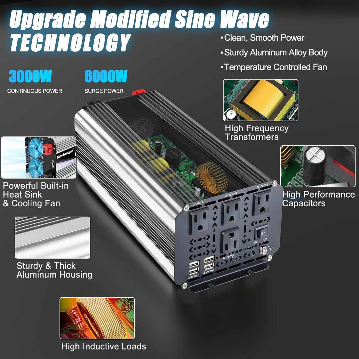 3000W Power Inverter 12V to 110V/120V DC to AC with LCD Display, Remote Controller and 4 x AC Outlets Car Adapter for Car Truck Boat RV Off Grid Solar System