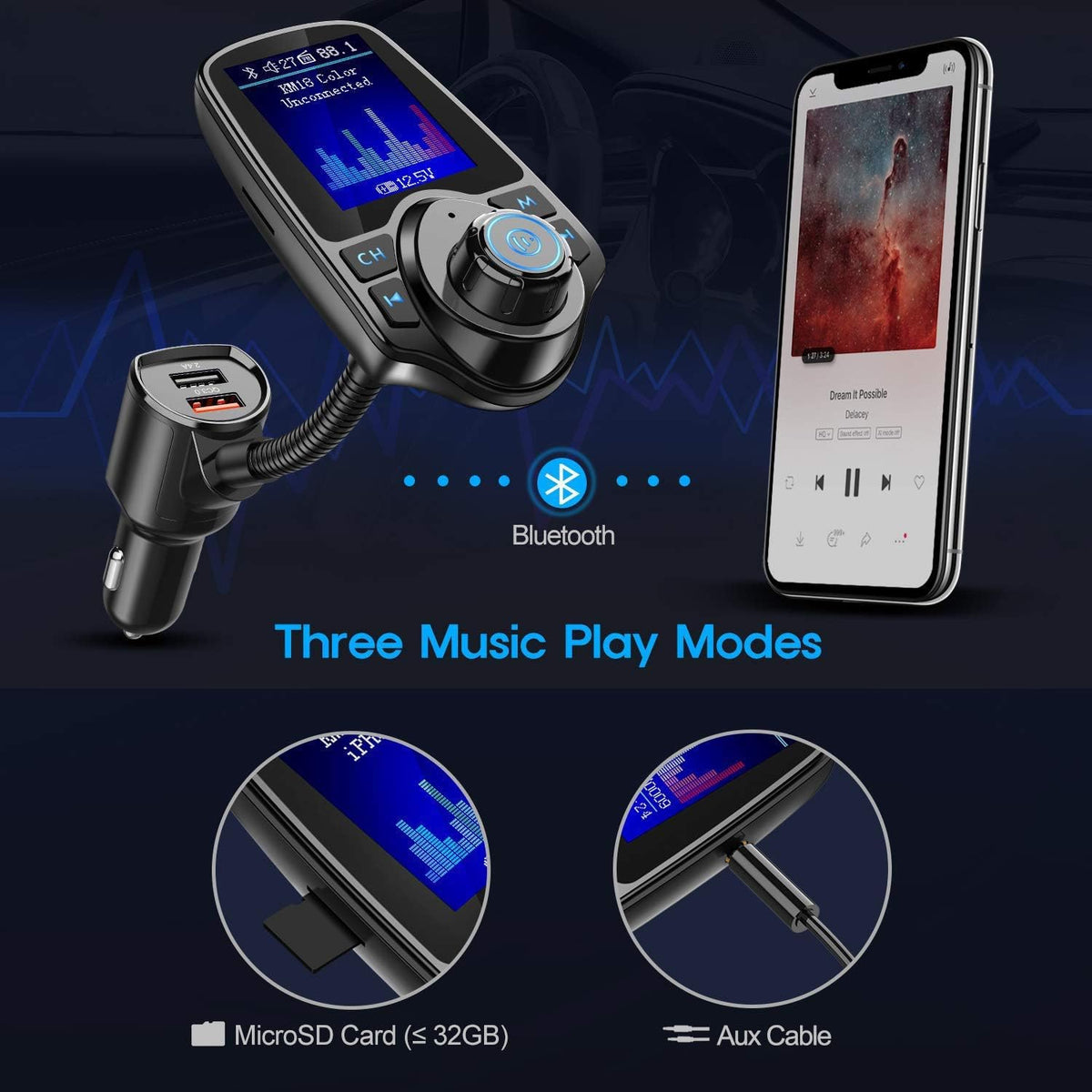Nulaxy Bluetooth FM Transmitter for Car, 1.8" Color Screen Radio Adapter W QC3.0 & 5V/2.4A Charging, Handsfree Call, Support microSD Card, Aux Play, EQ Modes - KM18 [Upgraded Version] Black
