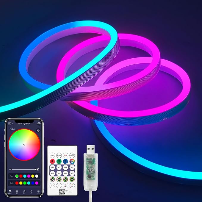 iNextStation 6.56ft Neon LED Strip Lights, Smart IC RGB LED Neon Rope Lights with App and Remote Control Timer, Waterproof Music Sync Color Changing LED Lights for Bedroom Room Décor