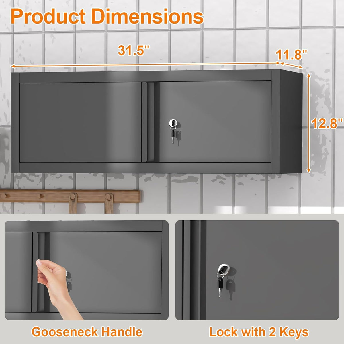 GREATMEET Metal Garage Storage Cabinets, Lockable Storage Cabinet with Doors, Wall Mount Cabinet Storage with Lock, Hanging Floating (Black, 13" H)