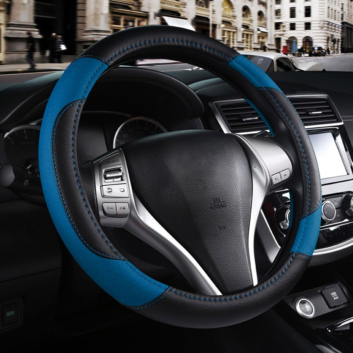 Leather Car Steering Wheel Cover, Non-Slip Car Wheel Cover Protector Breathable Microfiber Leather Universal Fit for Most Cars (Blue-2)