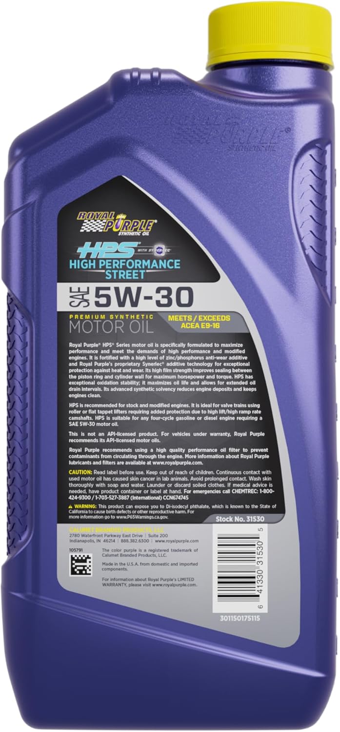 Royal Purple 31530 HPS 5W-30 High Performance Street Synthetic Motor Oil with Synerlec - 1 Quart Bottle