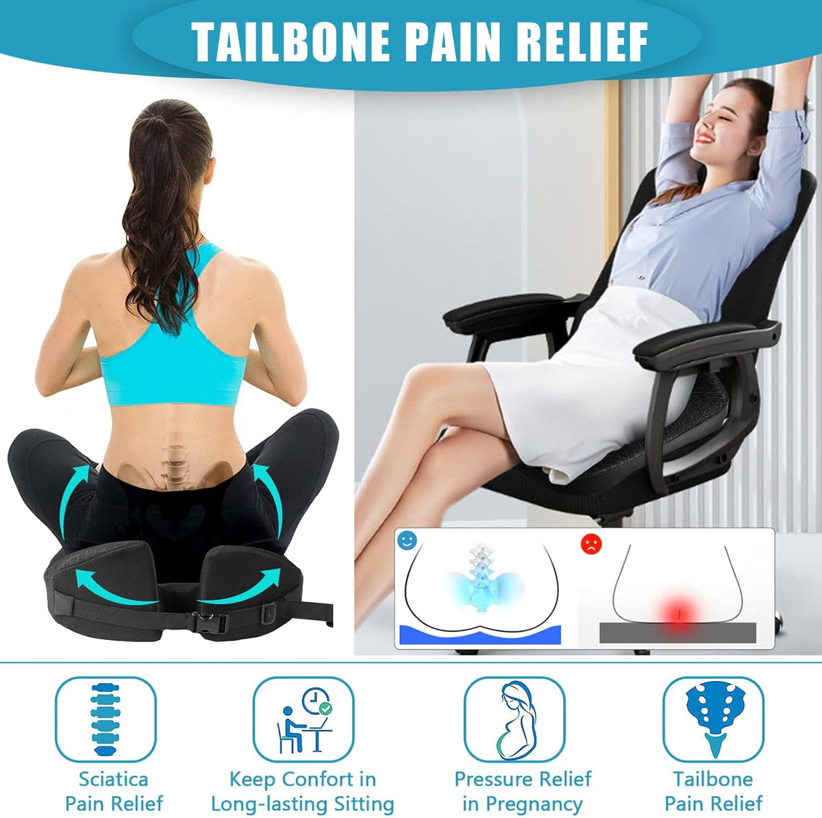 MYFAMIREA Car Coccyx Seat Cushion Longer Office Chair Cushion, Memory Foam Tailbone Heightening Wedge Booste, Fit Hip Shape Lower Back Pain Relief, 3D U-Shape Cushion for Car Seat Driver (Black)