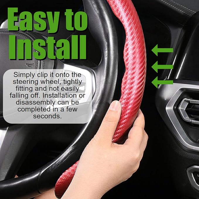 WSSROGY 3 Pack Anti-Skid Segmented Carbon Fiber Car Steering Wheel Cover Protector Universal for Most Car Wheel (Red)