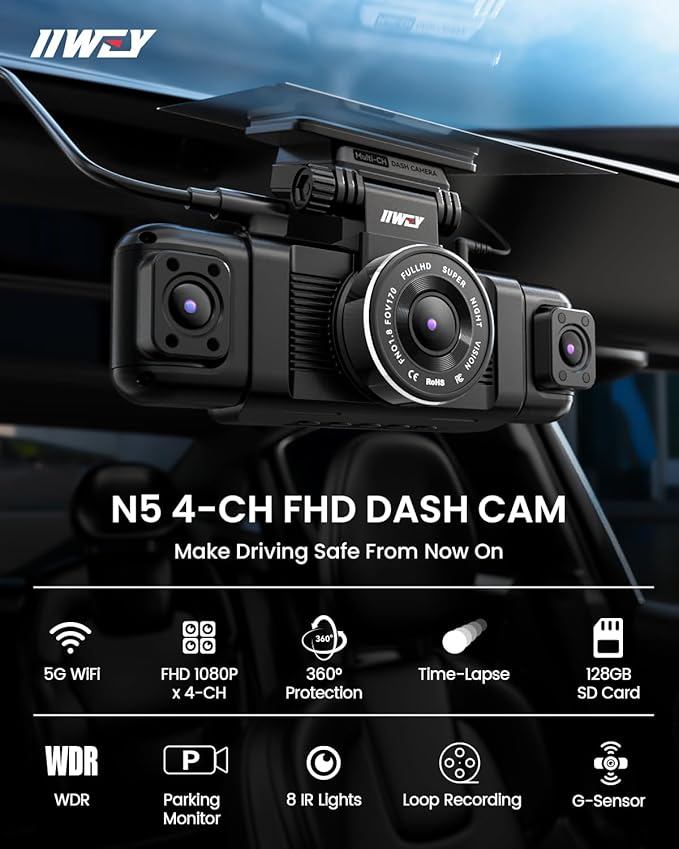 IIWEY N5 4 Channel Dash Cam 360° View, 1080P Front and Rear Inside, Left Right Dash Camera for Cars, 8 IR Lamps Night Vision, 5G WiFi & APP Control, G-Sensor, Parking Mode, with a Free 128GB SD Card