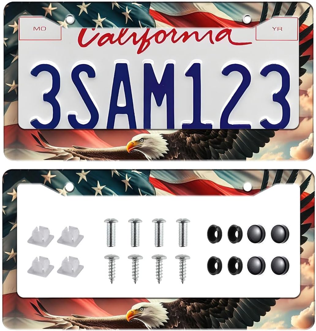 2 Pack US Flag Eagle Universal License Plate Frame - Heavy Duty Rustproof Aluminum Matte Black Car Tag Holder Bracket Fits All US States, Easy Install with Screws Included