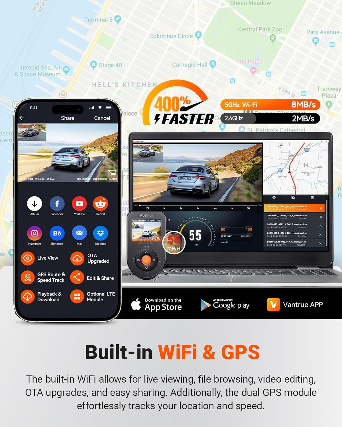 Vantrue S1 Pro Dual 1440P Dash Cam Front and Rear, Dash Camera w/2.7K, STARVIS 2, HDR Night Vision, 5G WiFi, 60FPS, Optional Remote Live View, GPS, Voice Control,24/7 Parking Mode, Support 512GB Max