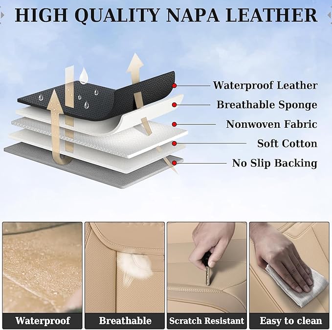 Coverado Seat Covers, Car Seat Covers Front Seats, Beige Car Seat Cover, Car Seat Protector Waterproof, Car Seat Cushion Nappa Leather, Seat Covers Carseat Cover Universal Fit for Most Cars
